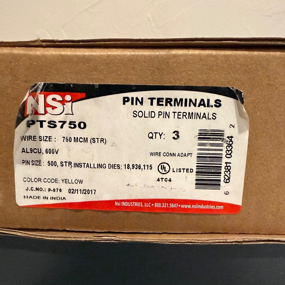 NSi Industries PTS750 Pin Terminals 750 MCM Yellow New 3 Pack Solid Pin 600V